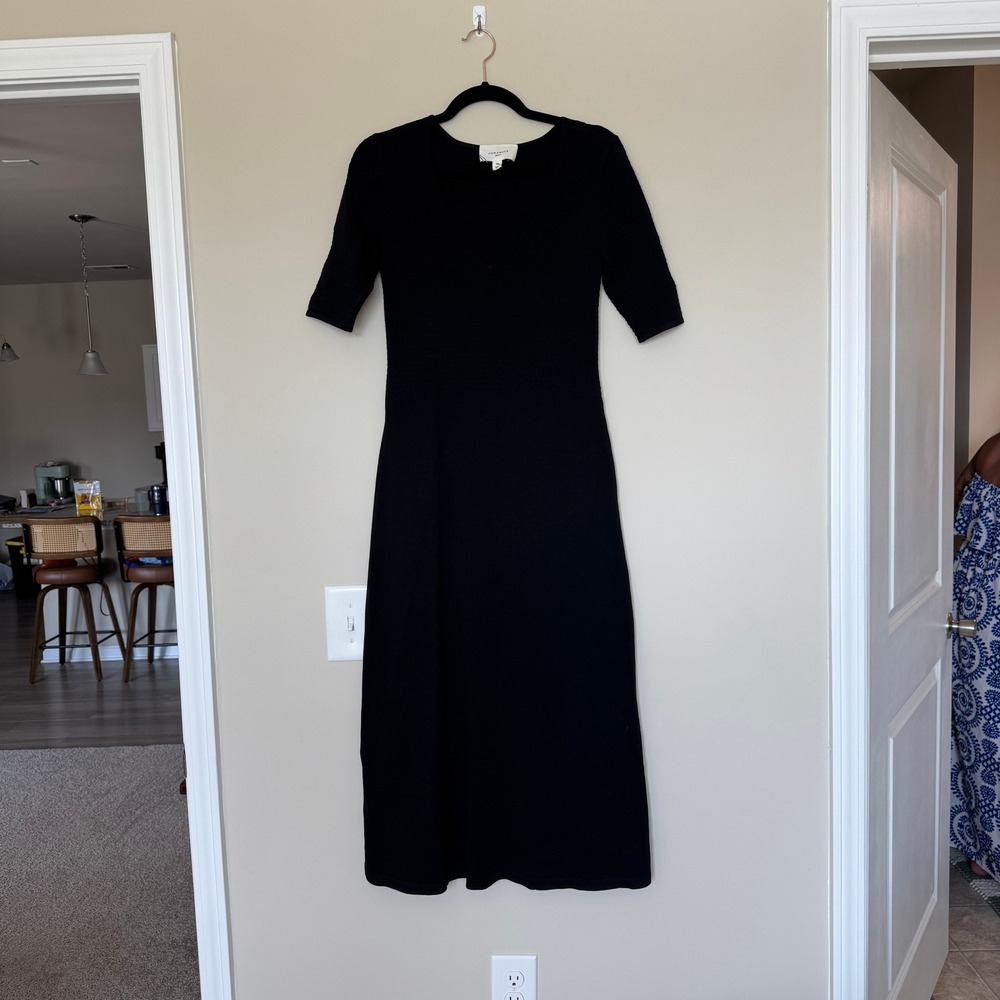 Pomander Place Black V-Neck Knit Midi Dress Elbow Sleeve XS